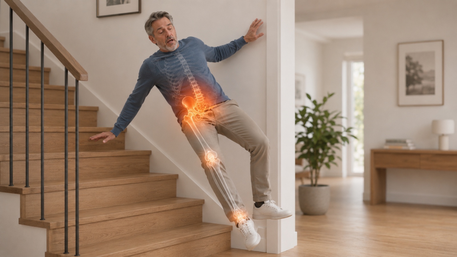 Man die zijn evenwicht verliest op de trap, met zichtbare skeletmarkering op heup en knie